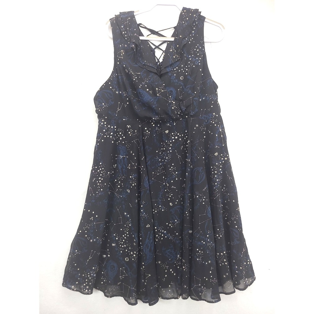 Womens Celestial Print Chiffon Dress 18 Suplice Neckline Ruffle Collar Lace Up